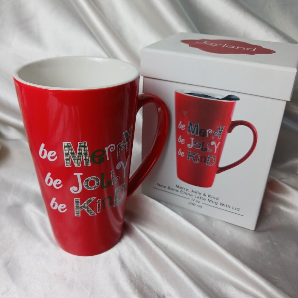 JOYLAND MERRY, JOLLY, KIND  TALL BONE CHINA CHRISTMAS MUG W/BOX-NO LID